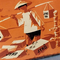 orange tedåse mand bærer på te kasser metal fra Jyko tea, metal æske genbrug
